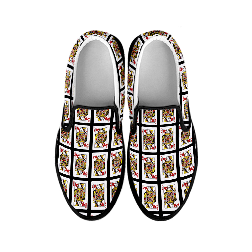 Queen Of Hearts Playing Card Pattern Print Black Slip On Shoes