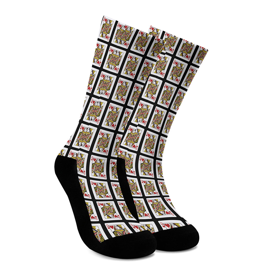 Queen Of Hearts Playing Card Pattern Print Crew Socks