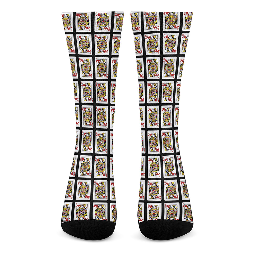 Queen Of Hearts Playing Card Pattern Print Crew Socks