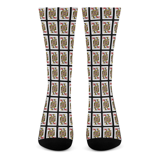 Queen Of Hearts Playing Card Pattern Print Crew Socks