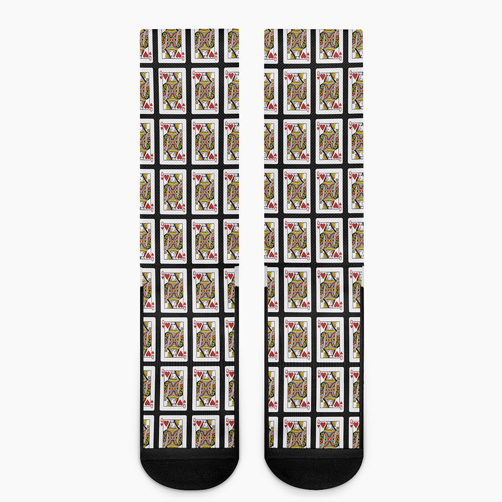 Queen Of Hearts Playing Card Pattern Print Crew Socks