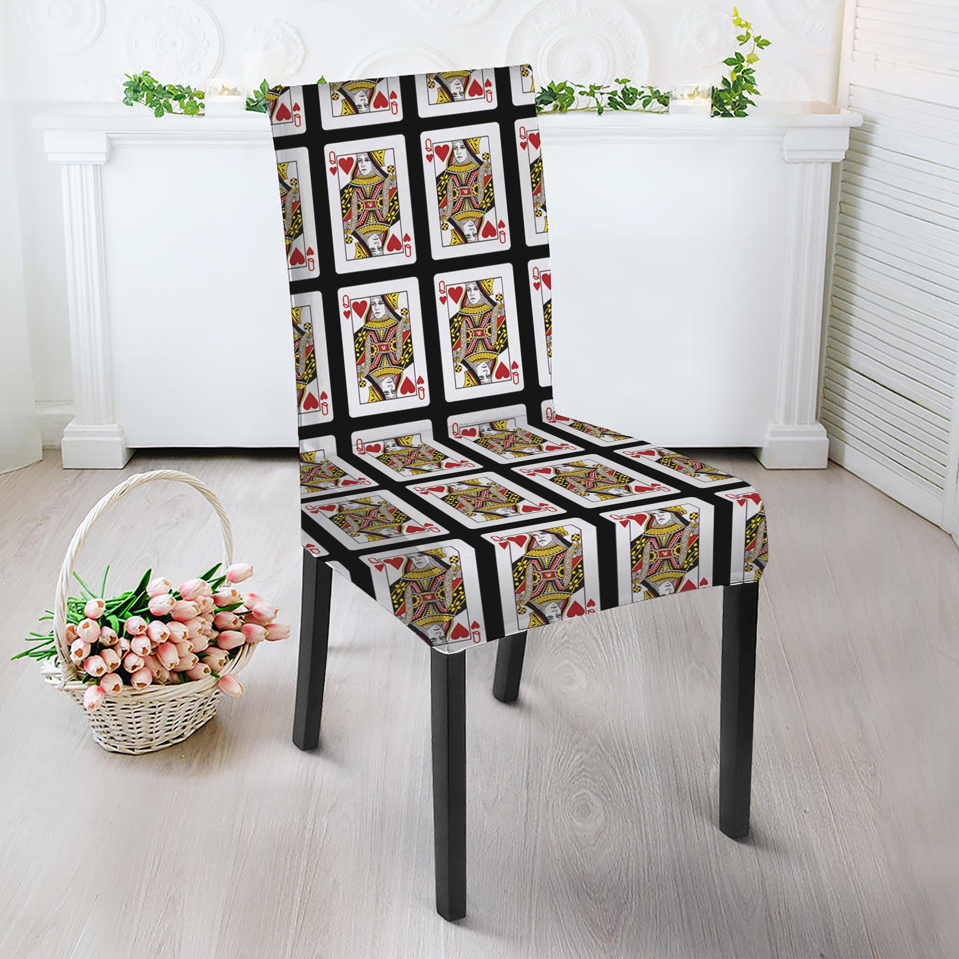 Queen Of Hearts Playing Card Pattern Print Dining Chair Slipcover
