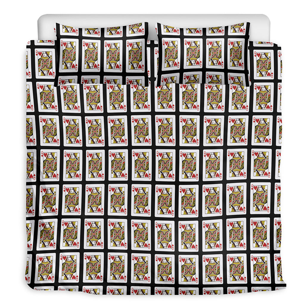 Queen Of Hearts Playing Card Pattern Print Duvet Cover Bedding Set