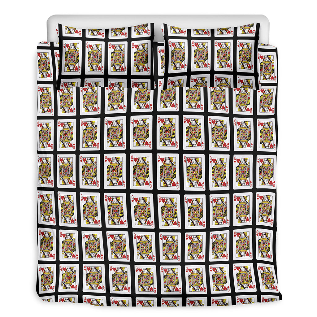 Queen Of Hearts Playing Card Pattern Print Duvet Cover Bedding Set