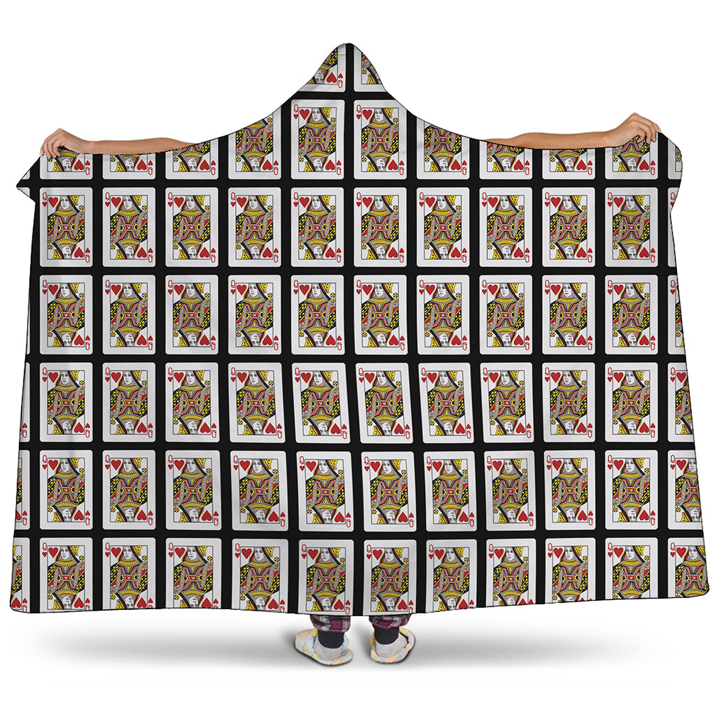 Queen Of Hearts Playing Card Pattern Print Hooded Blanket
