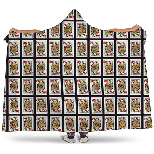 Queen Of Hearts Playing Card Pattern Print Hooded Blanket