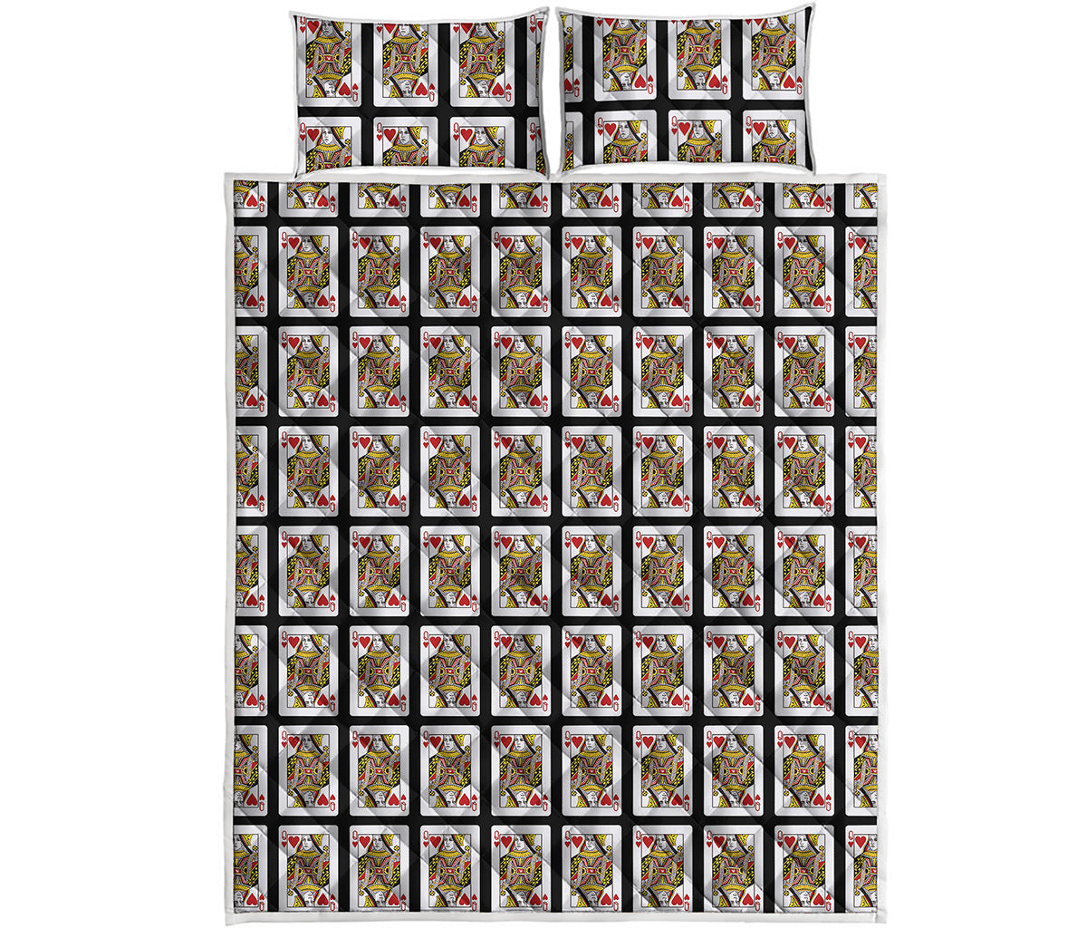 Queen Of Hearts Playing Card Pattern Print Quilt Bed Set