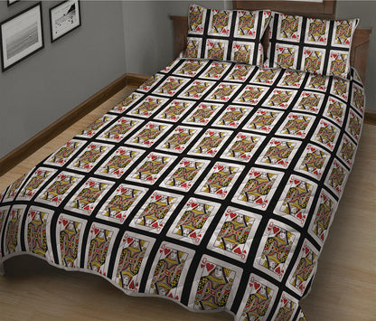 Queen Of Hearts Playing Card Pattern Print Quilt Bed Set