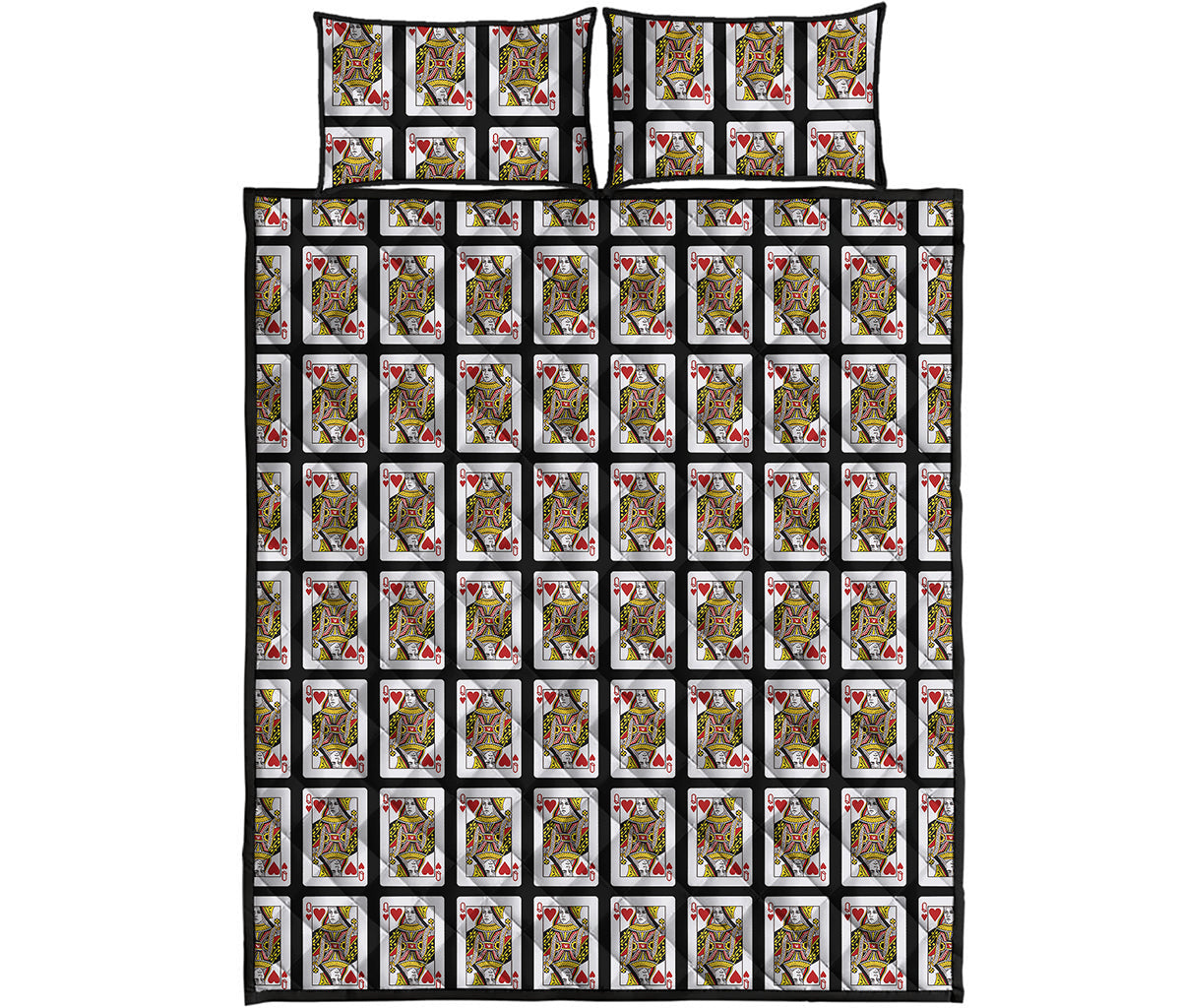 Queen Of Hearts Playing Card Pattern Print Quilt Bed Set