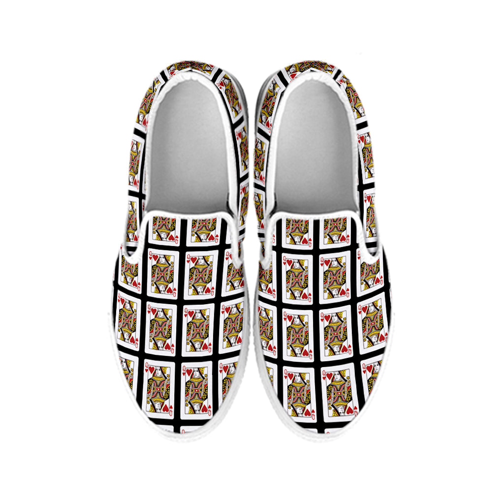 Queen Of Hearts Playing Card Pattern Print White Slip On Shoes