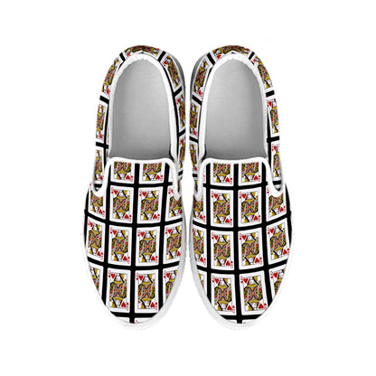 Queen Of Hearts Playing Card Pattern Print White Slip On Shoes