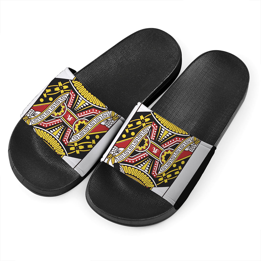 Queen Of Hearts Playing Card Print Black Slide Sandals