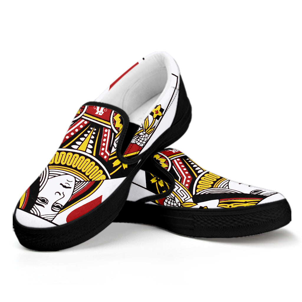 Queen Of Hearts Playing Card Print Black Slip On Shoes