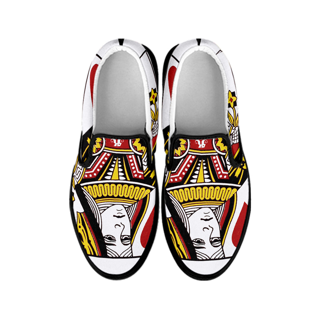 Queen Of Hearts Playing Card Print Black Slip On Shoes