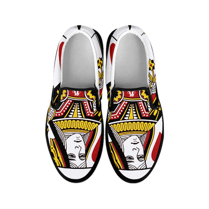 Queen Of Hearts Playing Card Print Black Slip On Shoes