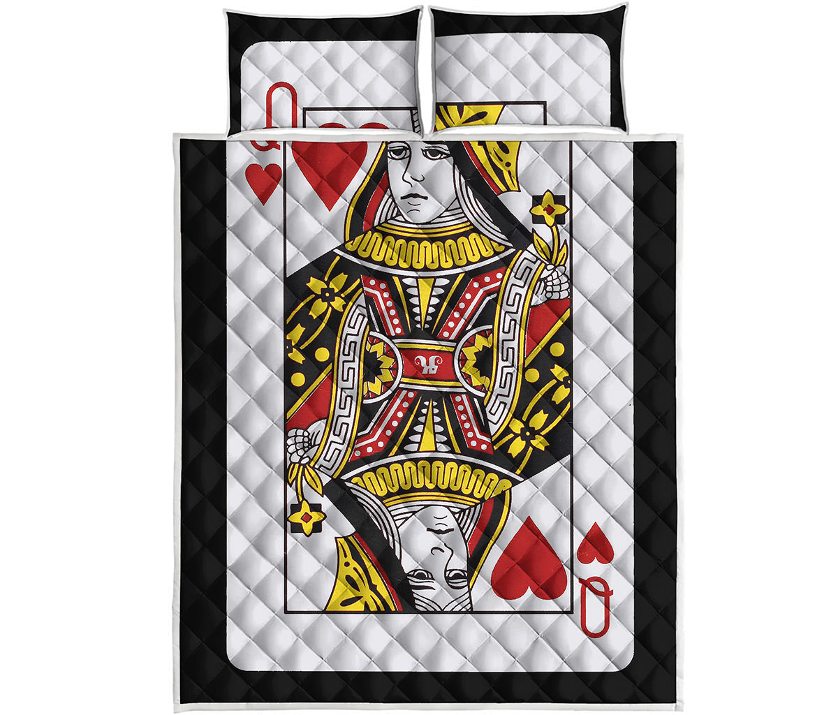 Queen Of Hearts Playing Card Print Quilt Bed Set