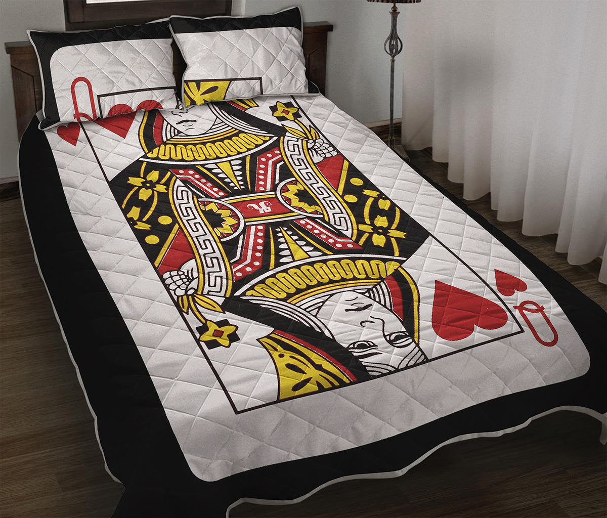 Queen Of Hearts Playing Card Print Quilt Bed Set