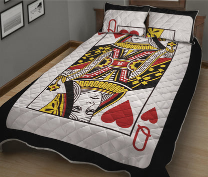 Queen Of Hearts Playing Card Print Quilt Bed Set