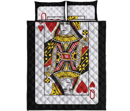 Queen Of Hearts Playing Card Print Quilt Bed Set