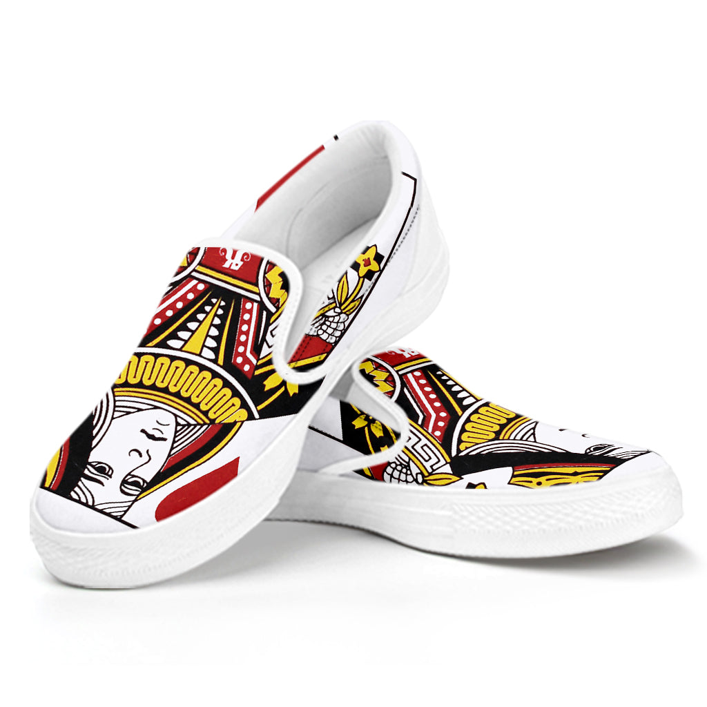 Queen Of Hearts Playing Card Print White Slip On Shoes