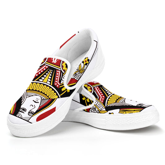 Queen Of Hearts Playing Card Print White Slip On Shoes