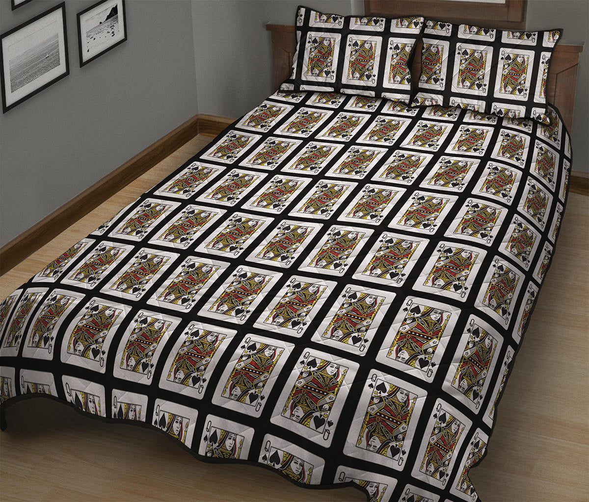 Queen Of Spades Playing Card Pattern Print Quilt Bed Set