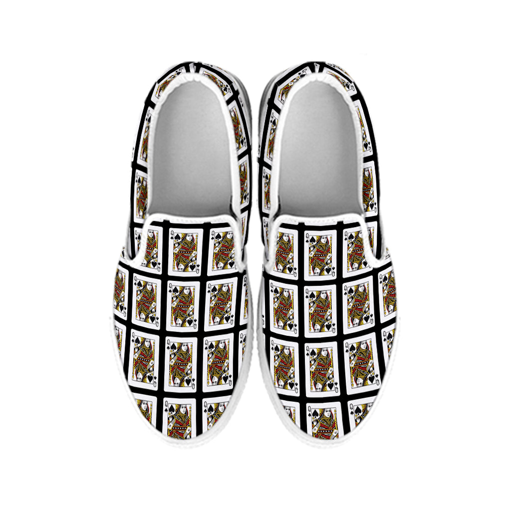 Queen Of Spades Playing Card Pattern Print White Slip On Shoes