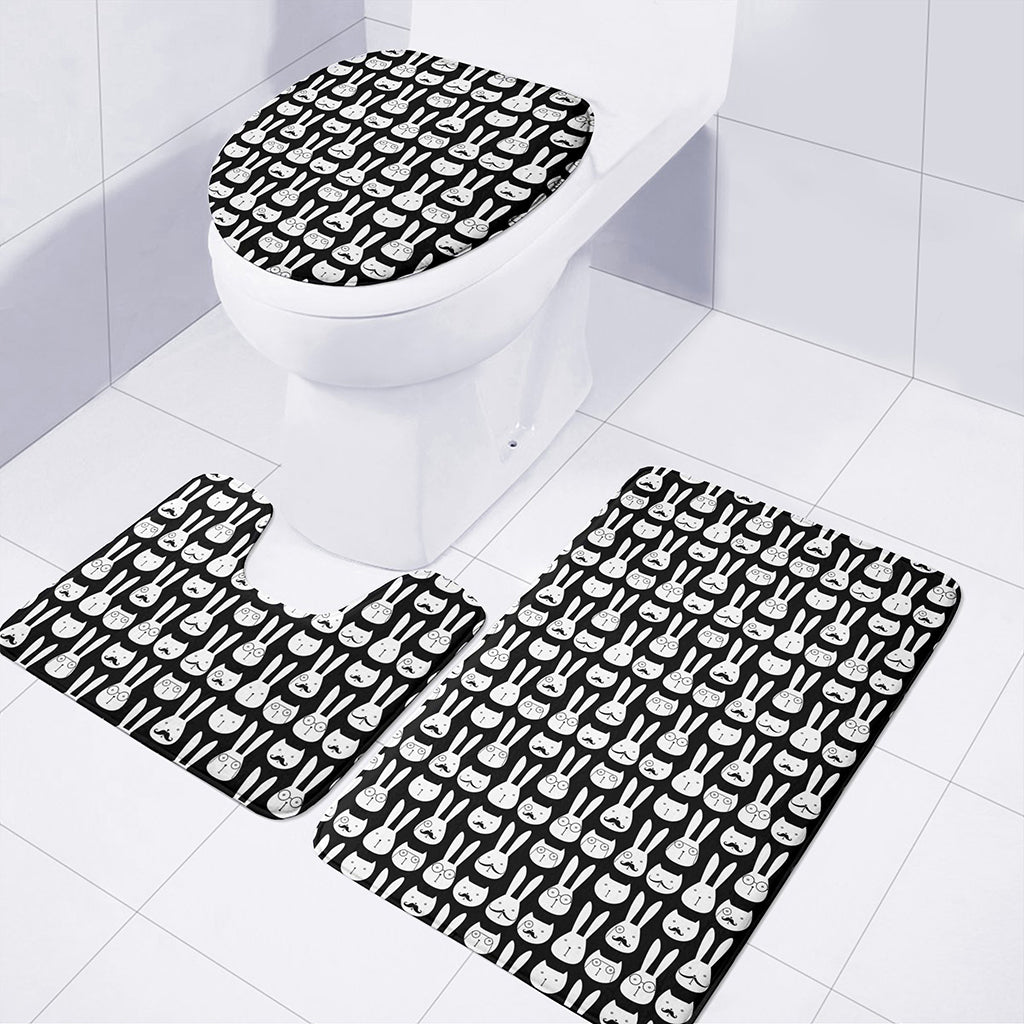 Rabbit And Cat Pattern Print 3 Piece Bath Mat Set