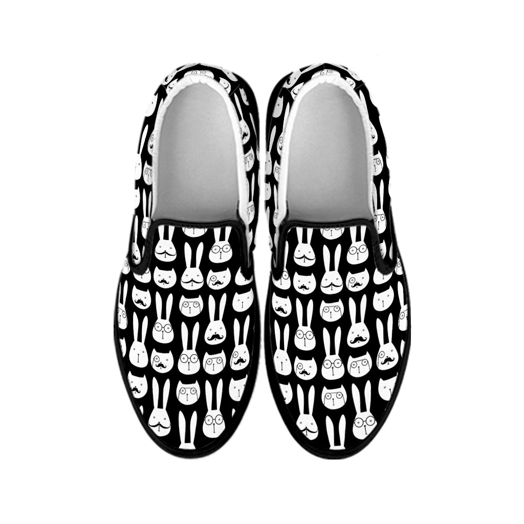 Rabbit And Cat Pattern Print Black Slip On Shoes