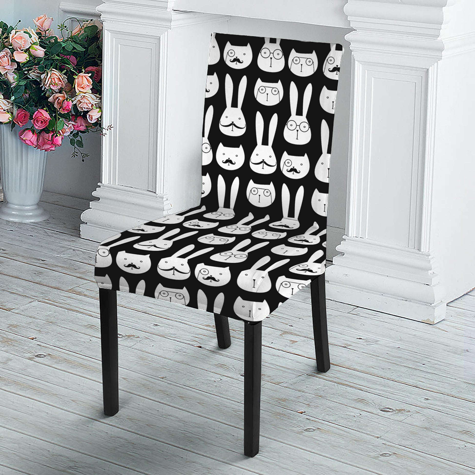 Rabbit And Cat Pattern Print Dining Chair Slipcover