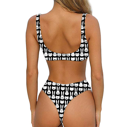 Rabbit And Cat Pattern Print Front Bow Tie Bikini