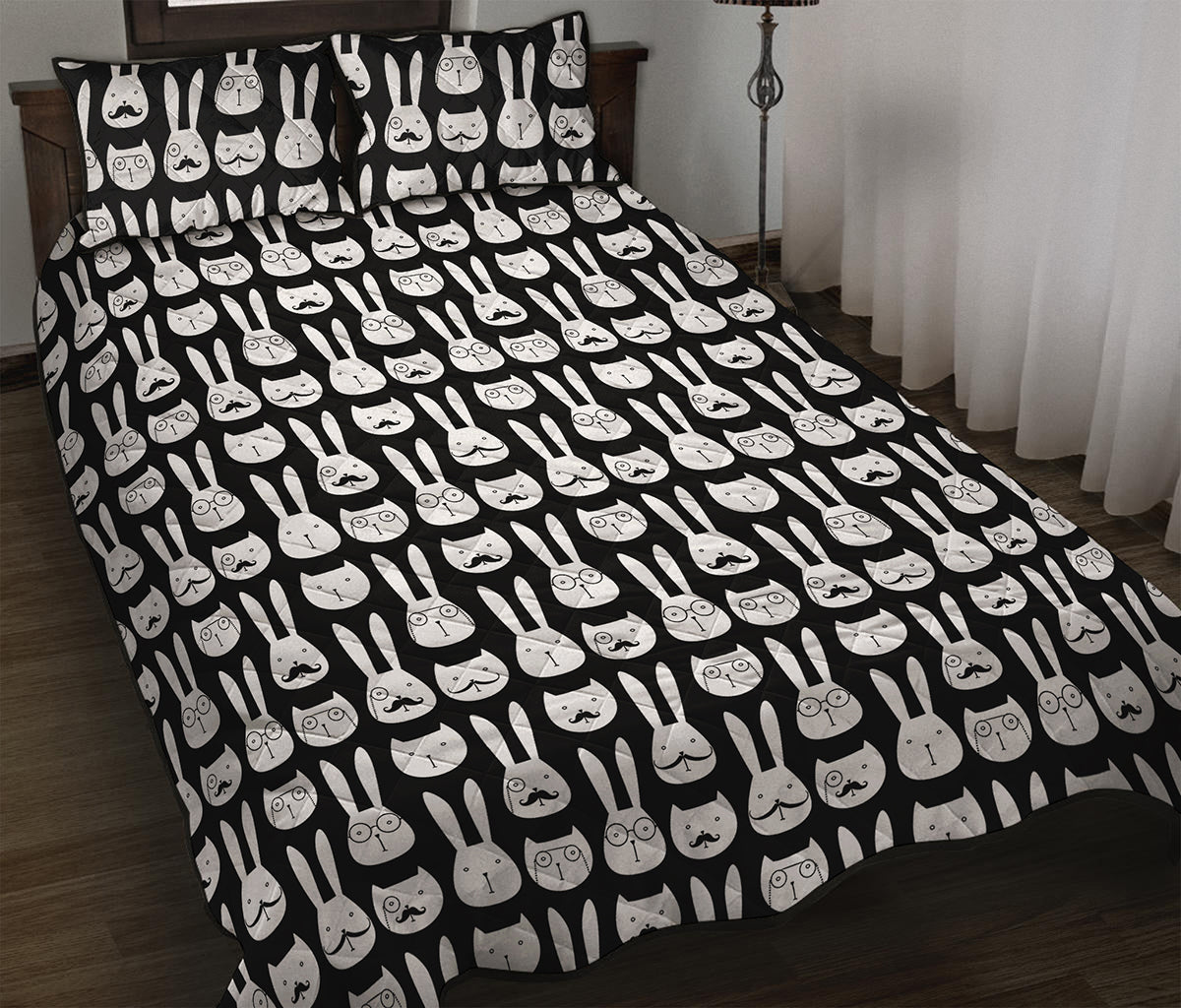 Rabbit And Cat Pattern Print Quilt Bed Set