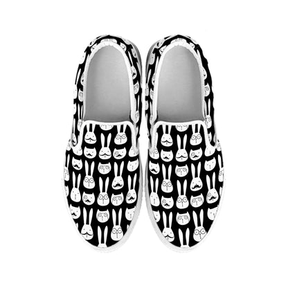 Rabbit And Cat Pattern Print White Slip On Shoes