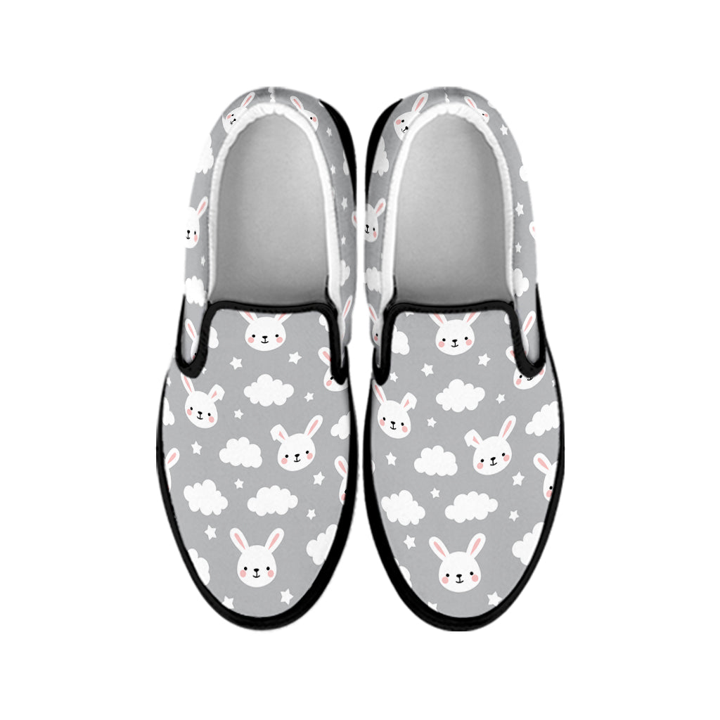 Rabbit And Cloud Pattern Print Black Slip On Shoes