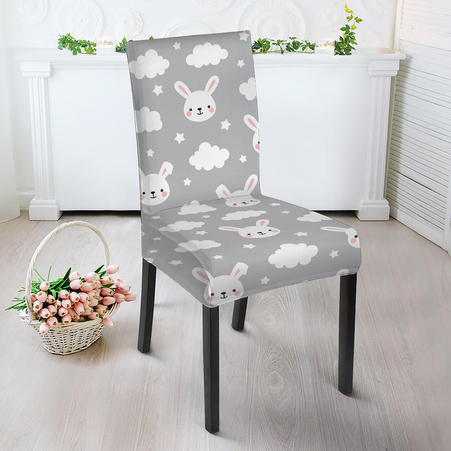 Rabbit And Cloud Pattern Print Dining Chair Slipcover