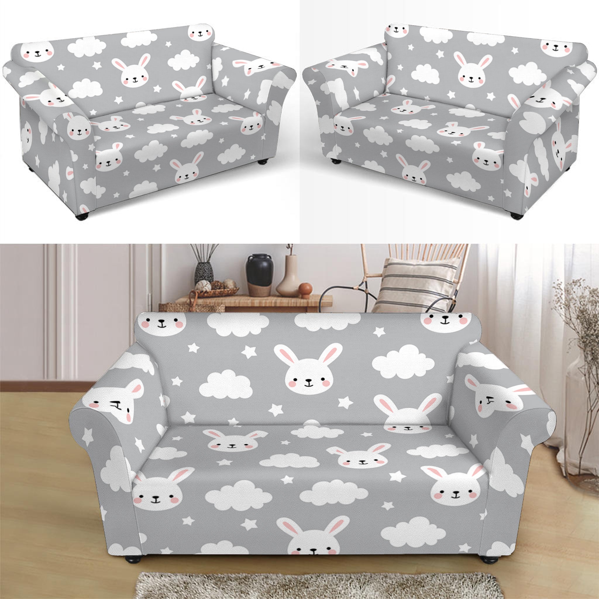 Rabbit And Cloud Pattern Print Loveseat Slipcover