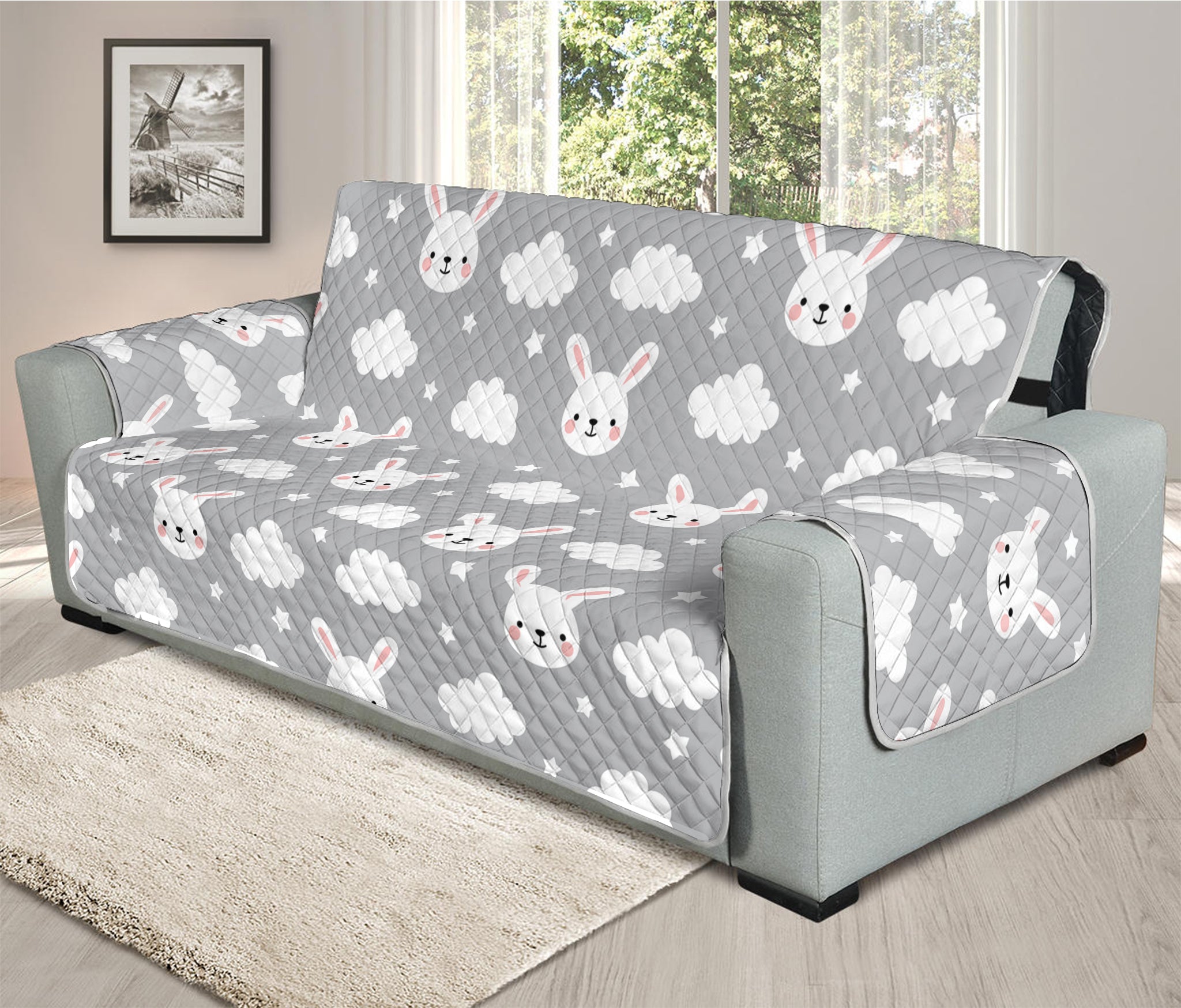 Rabbit And Cloud Pattern Print Oversized Sofa Protector