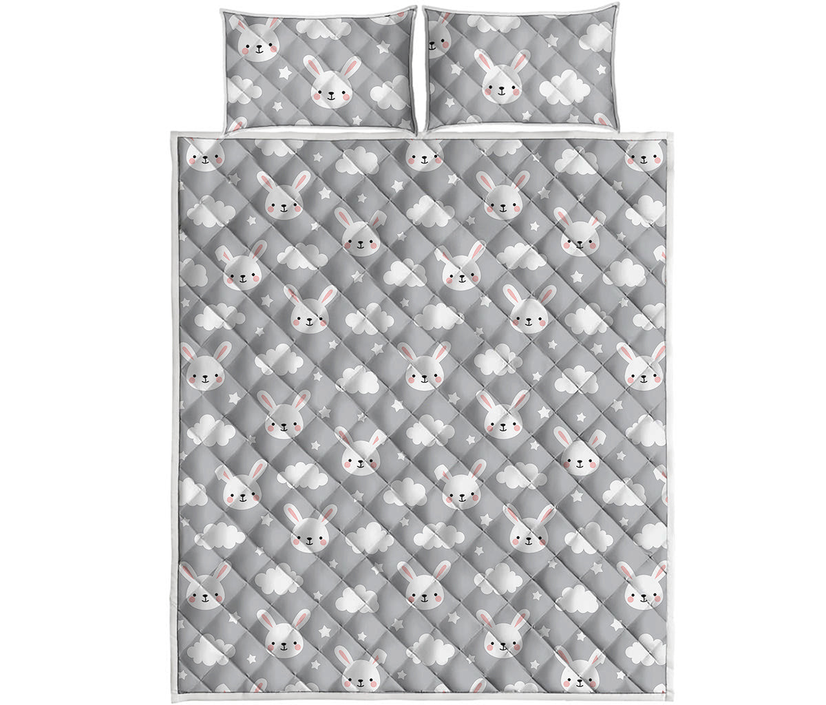 Rabbit And Cloud Pattern Print Quilt Bed Set