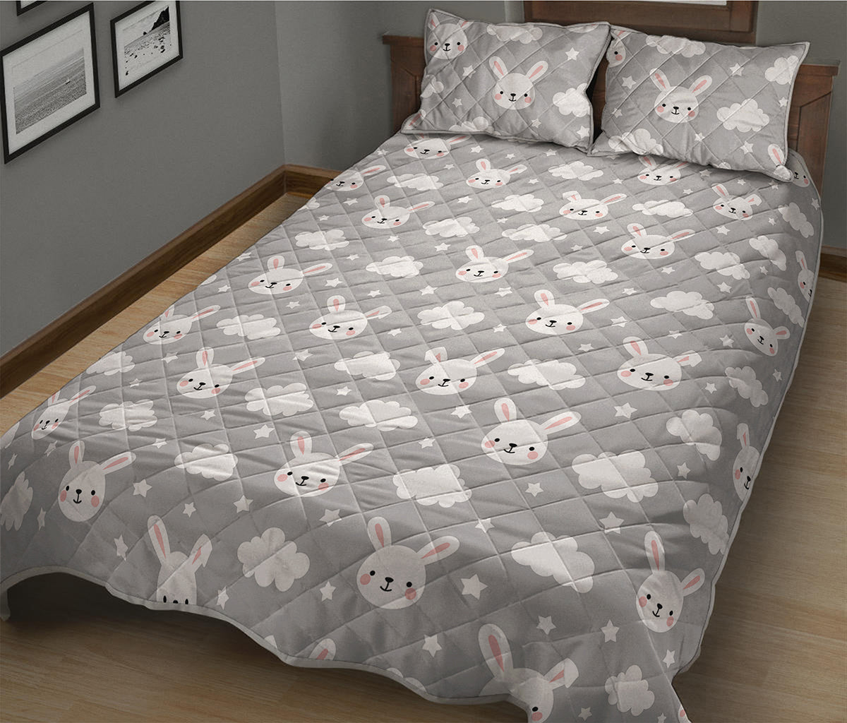 Rabbit And Cloud Pattern Print Quilt Bed Set