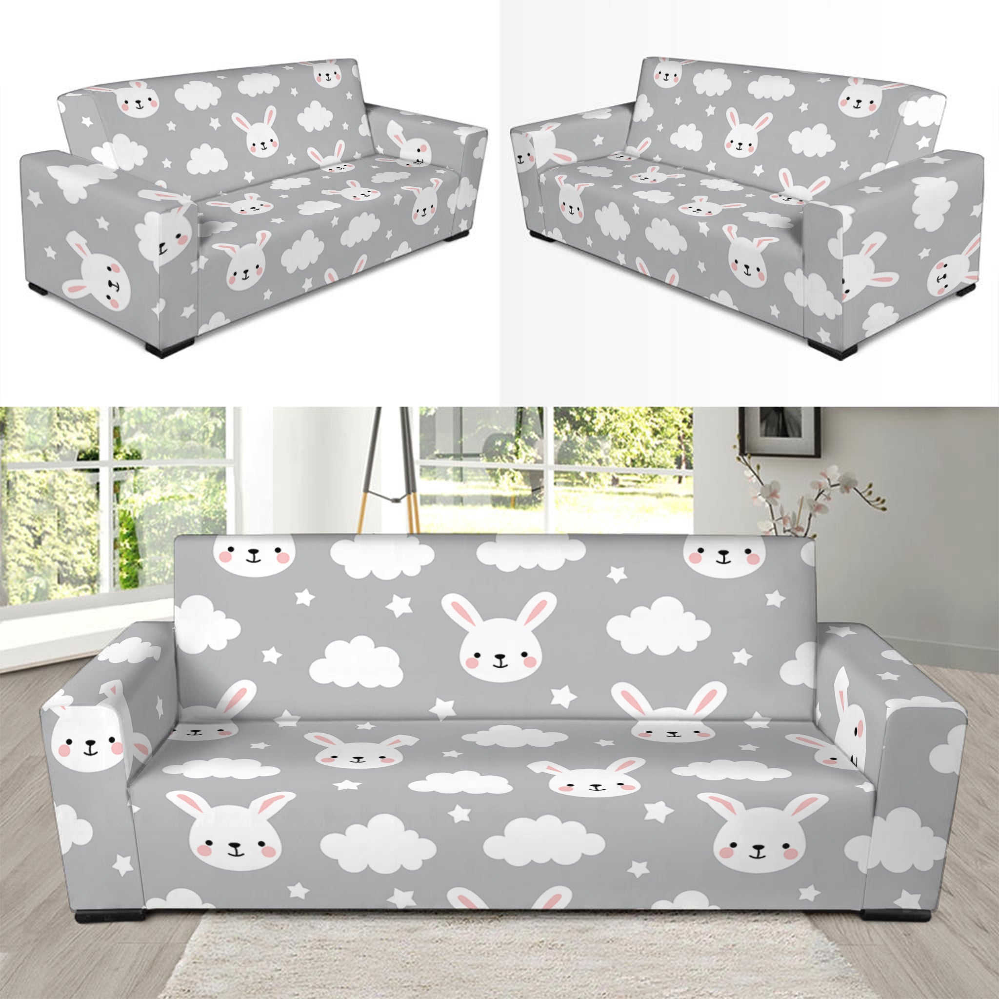 Rabbit And Cloud Pattern Print Sofa Slipcover