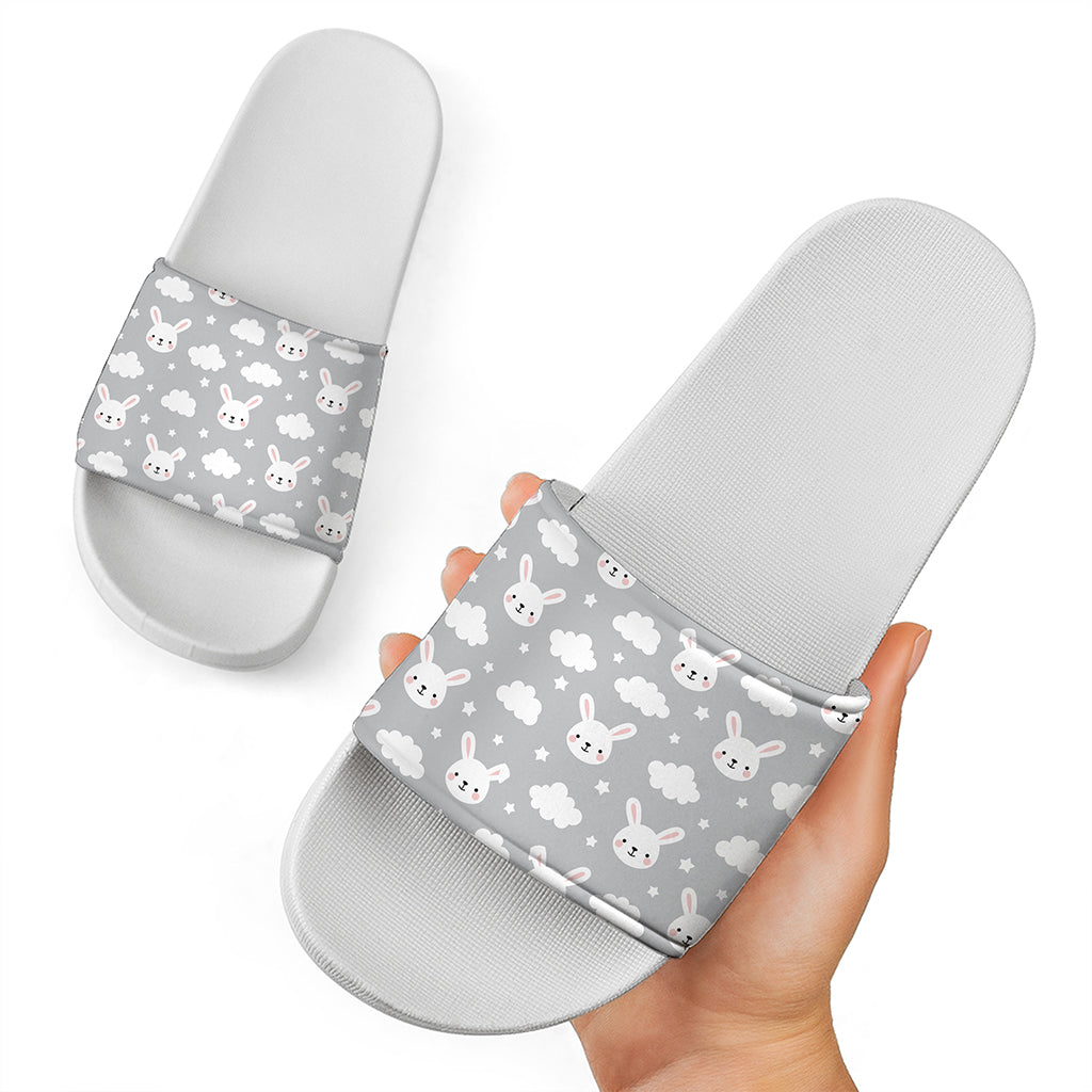 Rabbit And Cloud Pattern Print White Slide Sandals