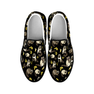 Raccoon And Banana Pattern Print Black Slip On Shoes