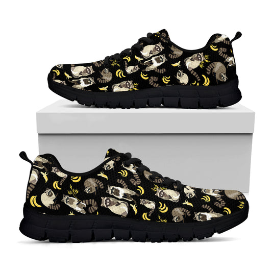 Raccoon And Banana Pattern Print Black Sneakers