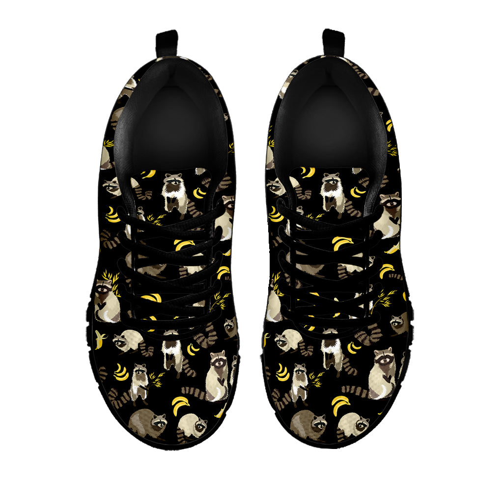 Raccoon And Banana Pattern Print Black Sneakers