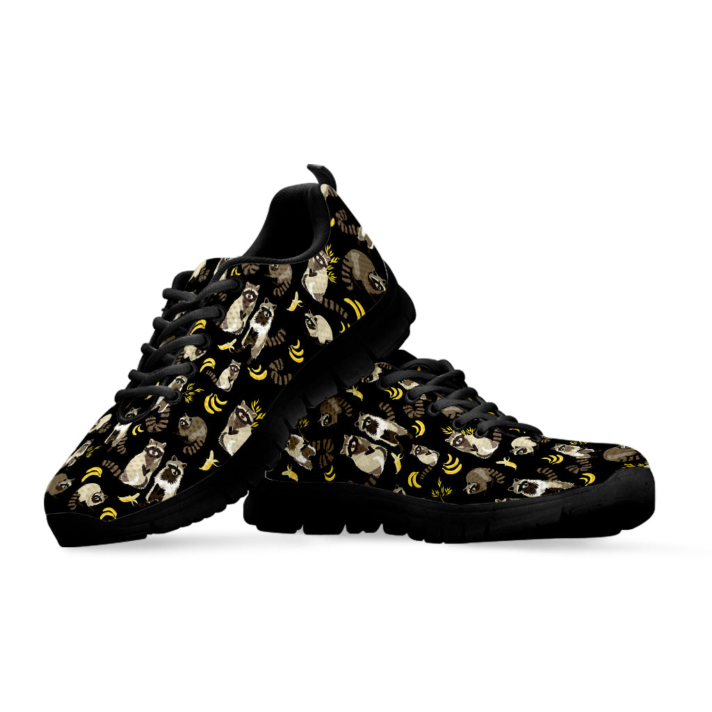 Raccoon And Banana Pattern Print Black Sneakers