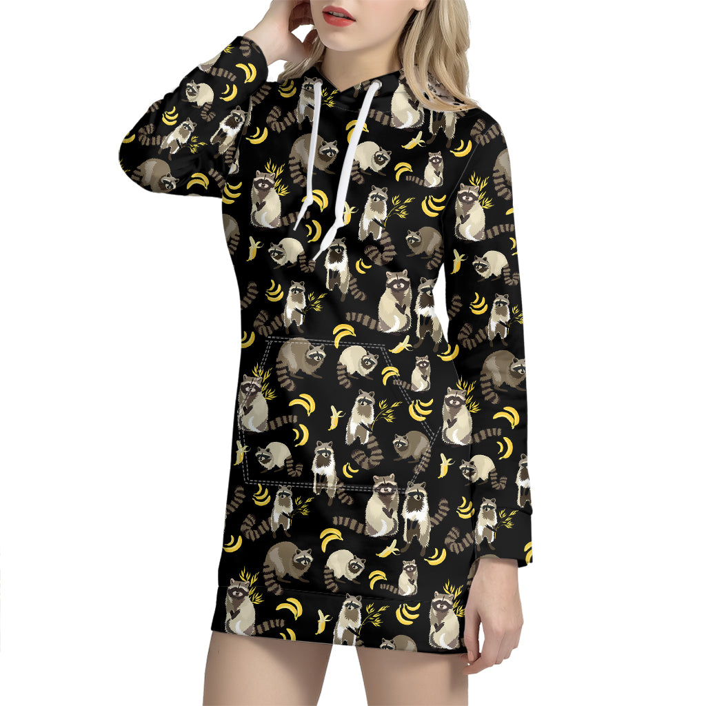 Raccoon And Banana Pattern Print Hoodie Dress