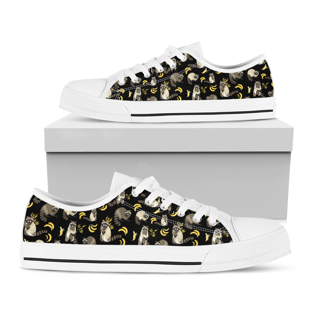 Raccoon And Banana Pattern Print White Low Top Shoes