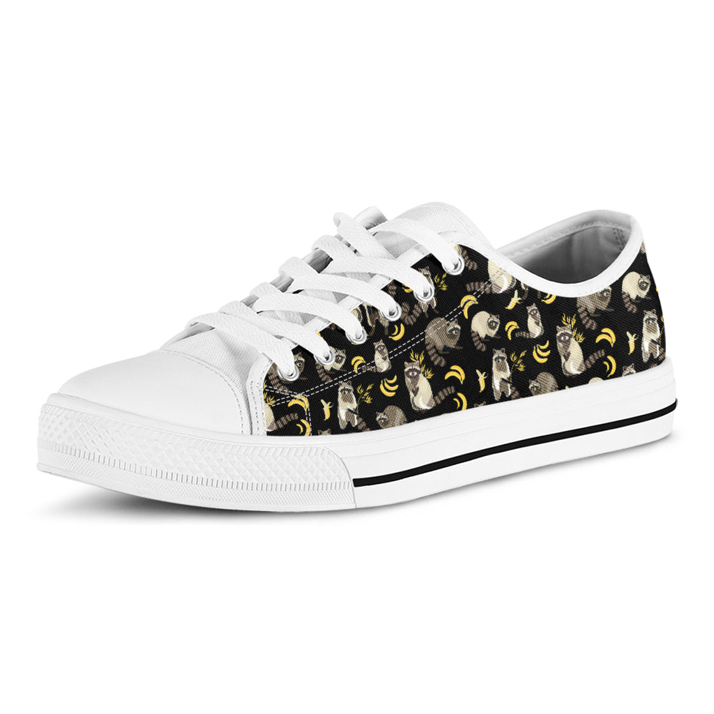 Raccoon And Banana Pattern Print White Low Top Shoes