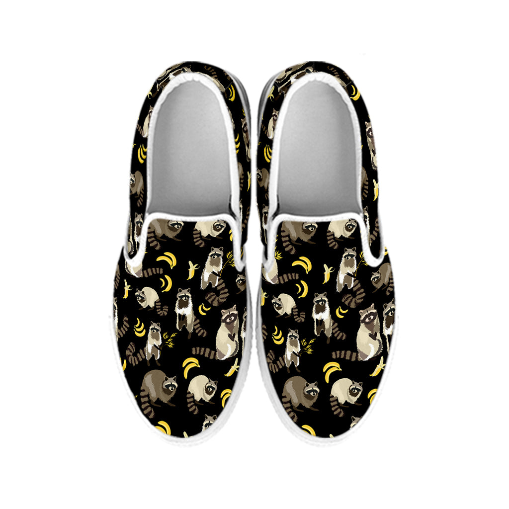 Raccoon And Banana Pattern Print White Slip On Shoes