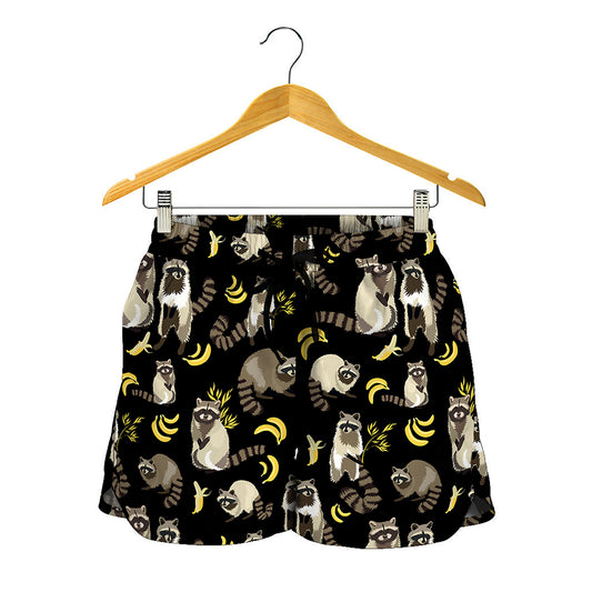 Raccoon And Banana Pattern Print Women's Shorts